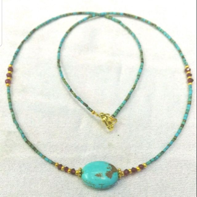 สร้อยคอหินเทอร์คอยส์แท้-สร้อยคอหินการ์เน็ต-natural-turquoise-beads-necklace-with-garnet