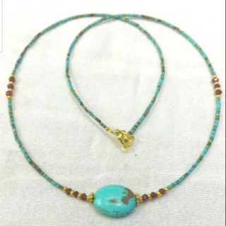 สร้อยคอหินเทอร์คอยส์แท้ สร้อยคอหินการ์เน็ต Natural Turquoise Beads Necklace with Garnet