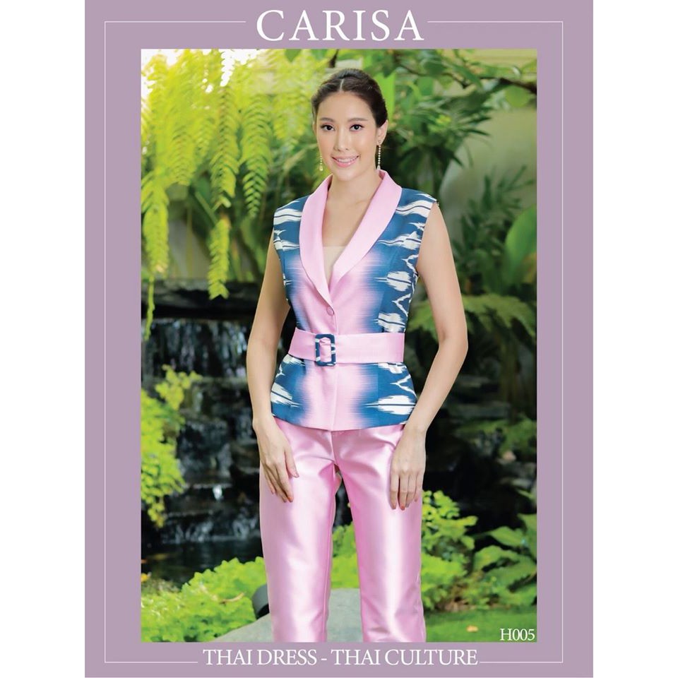 carisa-ชุดไทยประยุกต์-เสื้อแฟชั่น-เสื้อปกคอสูท-ทำจากผ้าพิมพ์ลายไทยด้วยไหมสังเคราะห์-h005