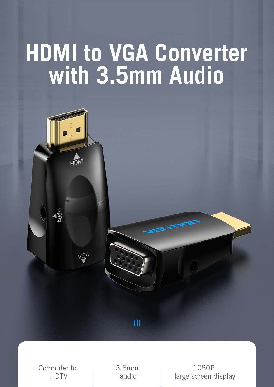 รูปภาพรายละเอียดของ Vention อะแดปเตอร์ตัวแปลง HDMI เป็น VGA ตัวขั้วต่อ ชุบทอง 1080P สำหรับ PC TV Xbox แล็ปท็อป โปรเจ็คเตอร์: แบบมีเสียง คอมพิวเตอร์ แท็บเล็ต จอภาพ PS4