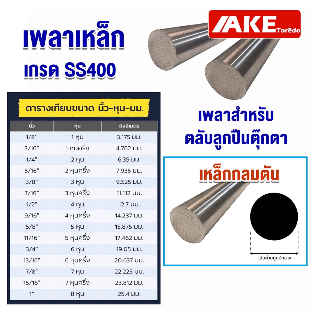 เหล็กกลม-ขนาด-3หุน-3-8-หรือ-9-35-mm-ยาว-50-cm-เพลาเหล็ก-เพลาขาว-ผิวดิบ-เพลาขาวดิบ-เกรดเหล็ก-ss400-จำหน่ายโดย-ake