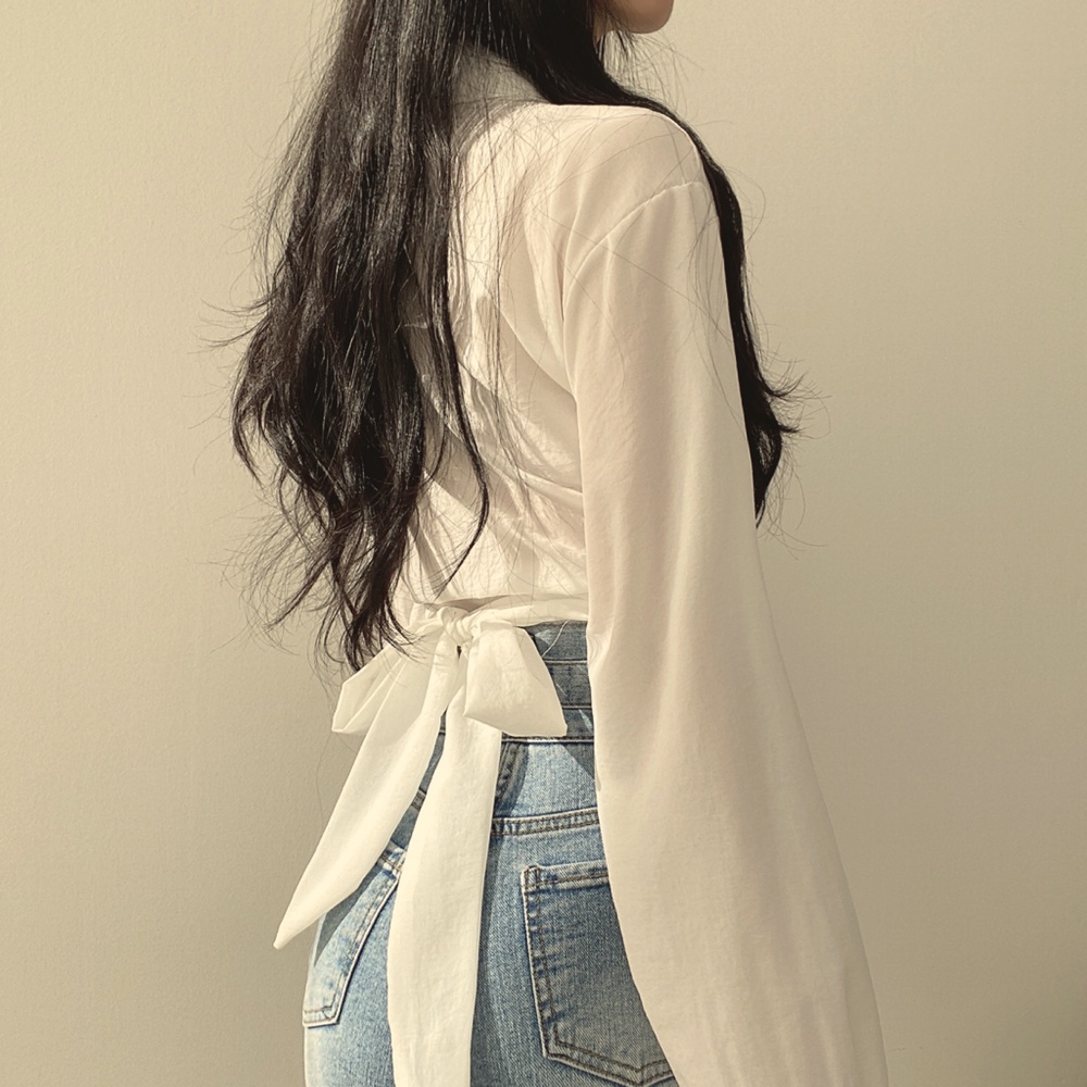 anna-w201เสื้อเชิ้ตแขนยาว-หลังผูกโบว์เซ็กซี่-เสื้อผ้าเอวลอยแฟชั่นฤดูร้อน-เสื้อเชิ้ตสีขาวผู้หญิงสไตล์เกาหลี