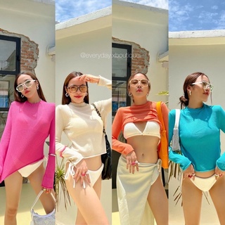 New!! Stretchy top🌈🔥(380฿ฟรีส่ง) เสื้อแขนยาวคอกลมผ้านิต ทอเนื้อผ้าซีทรู ยืดหยุ่นได้เยอะ ผ้านิ่ม แมทช์ง่ายได้หลายสไตล์