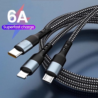 3 in 1 สายเคเบิล 100W 6A ชาร์จเร็วมาก หลายพอร์ต USB Micro USB Type-C IOS สําหรับ iP สายโทรศัพท์ Android Huawei Xiaomi Samsung