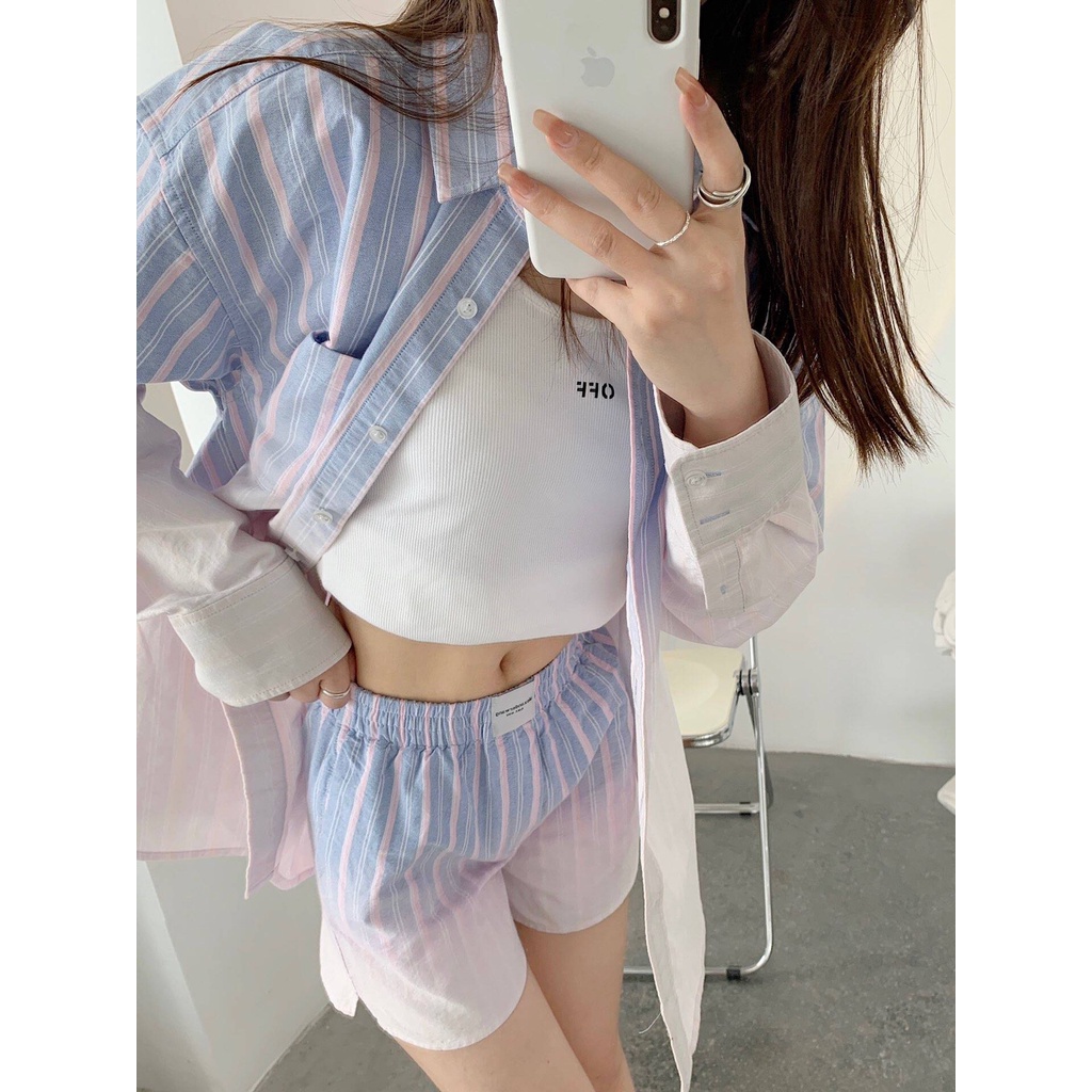 wang-เสื้อเชิ้ตแขนยาวและกางเกงขาสั้นสองชิ้น