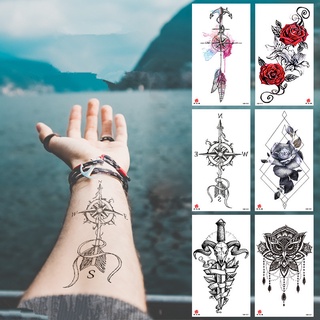 【Magic Tattoo】สติกเกอร์รอยสักชั่วคราว ลายนกฮูก ดอกไม้ เข็มทิศปลอม กันน้ํา ติดทนนาน สีดําเข้ม
