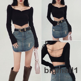 BIGMALL-Women´s Crop Tops Chain Halter Shoulder Cutout Long Sleeve Irregular Hem Slim Fit Short Tops