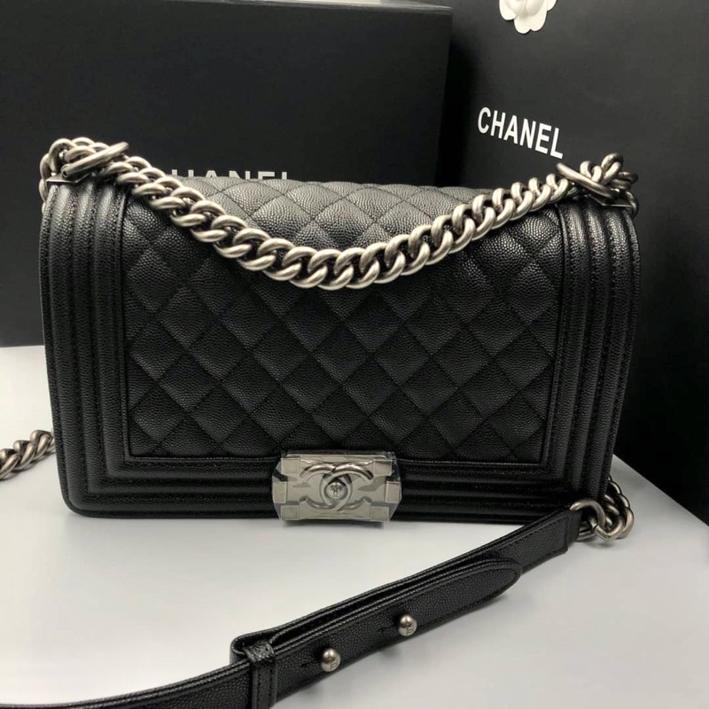 chanel-boy-10-original-1-1-หนังคาเวียร์-อะไหล่เงินรมควัน