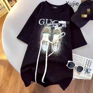 เสื้อยืดแขนสั้น คอกลม ทรงหลวม ประดับเพชร เหมาะกับฤดูร้อน สไตล์ไทย สําหรับผู้หญิง 2022
