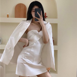 🔥Hot Sale / เสื้อสูทสีขาวหญิงใหม่สไตล์เกาหลีอารมณ์ผ้าเดรปแขนยาวเสื้อสูทชุดสูท