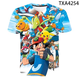 เสื้อยืดแขนสั้นพิมพ์ลายการ์ตูน Pokemon 3 มิติแฟชั่นสําหรับเด็ก