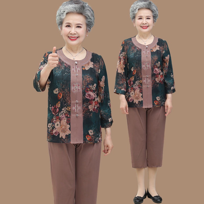 เสื้อผู้หญิง-เสื้อคนแก่-วัยกลางคนและผู้สูงอายุปัก-tang-ชุดหญิง-60-ปียาย-70-ปีฤดูร้อนเสื้อแม่ยายแม่บุญธรรมชุดสองชิ้