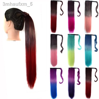 [22Inch Synthetic Long Stiaight Ponytail Wrap Around Clip In Hair Extension Ombre Black Red Blue Hairpiece for Women,22I