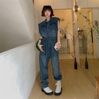 Many Jeans Overalls จั๊มสูทแขนกุดคอปกกางเกงยีนส์ขายาว