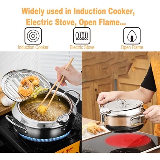 ☄✺Japanese Deep Frying Pot with a Thermometer and a Lid 304 Stainless Steel Kitchen Tempura Fryer Pan 20 24 cm KC0405 Dr