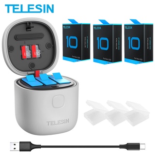 TELESIN 3แพ็คแบตเตอรี่สำหรับ GoPro 10 9 3สล็อตไฟ LED ชาร์จกล่องเครื่องอ่านบัตร TF การจัดเก็บข้อมูลสำหรับ GoPro ฮีโร่9 10