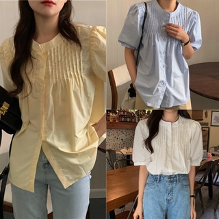 พร้อมส่ง 🍪🍼🍬 minimal puff shirt C3074 เสื้อเชิ้ตแขนสั้น เชิ้ตแขนสั้นมินิมอล มี 3 สี เหลือง ฟ้า ขาว