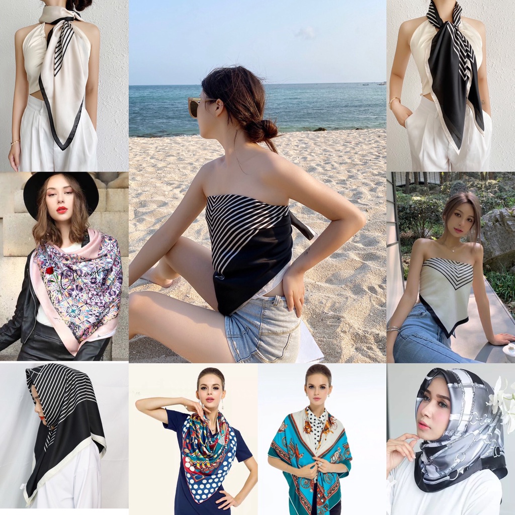 ภาพหน้าปกสินค้าผ้าพันคอและผ้าคลุมไหล่ scarf shawl ผ้าคลุมไหล่ซาติน ผ้าพันคอ ผ้ามัดอก ผ้าไหมซาติน ขนาด90*90ซม สินค้าพร้อมส่งที่ไทย