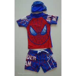 ชุดว่ายน้ำลาย Spiderman สีน้ำเงิน 3 ชิ้น เสื้อ+กางเกง+หมวก