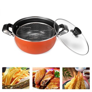 ❐24/26 cm Japanese Deep Frying Pot with Glass Lid Frying Basket 304 Stainless Steel Kitchen Tempura Fryer Pan