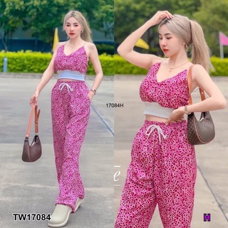 TW17084 set 2 ชิ้น เสื้อครอปสายเดี่ยว เอวจั้ม อกเสริมฟองน้ำ + กางเกงเอวยืด ขากระบอก เนื้อไหมเกาหลี ผ้าไหมเกาหลี