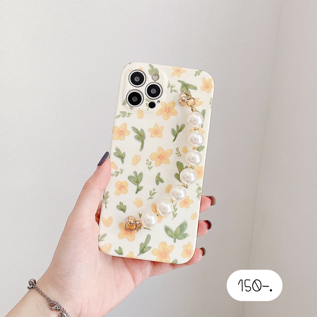 เคสสายคล้องมือ-เคสสายมุกคล้องมือ-f83-ดอกไม้เหลืองเขียว-มุกคล้องมือ