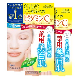 KOSE COSMEPORT CLEAR TURN แผ่นมาส์กหน้า เคลียร์ เทริน ไวท์ สูตรวิตามินซี เอสเซนซ์ ชุด 2 กล่อง กล่องละ 5 แผ่น / KOSE COSM