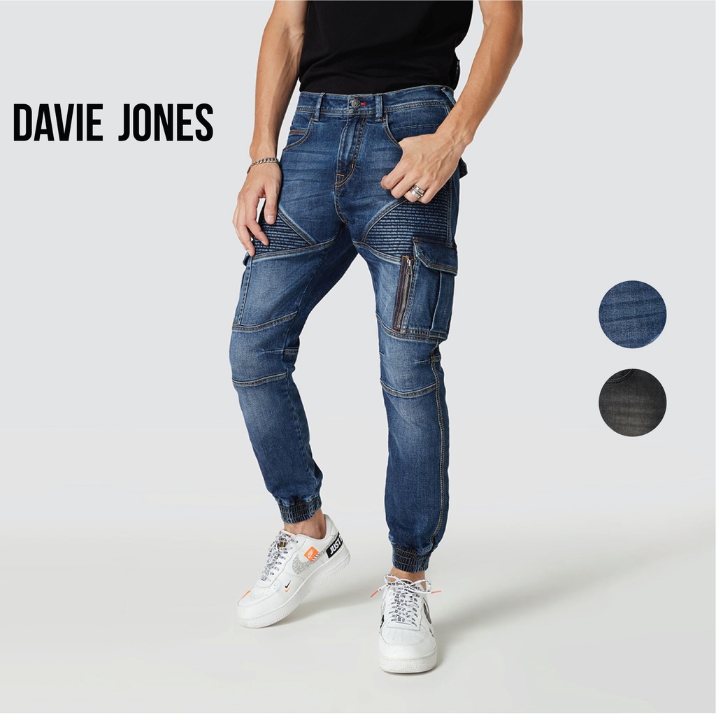 davie-jones-กางเกงจ็อกเกอร์-ยีนส์-เอวกระดุม-ขาจั๊ม-สีกรม-สีดำ-drawstring-denim-joggers-in-navy-black-gp0113bl-bk