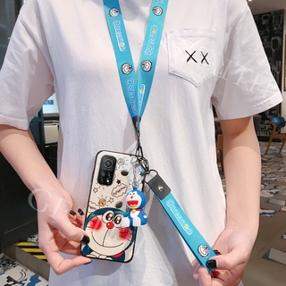 เคสโทรศัพท์ For Xiaomi Mi 10T / Xiaomi 10T Pro 5G Case With Hand Strap + Neck Strap Cute Doraemon Doll Bracket Cartoon Phone Cover เคส For Xiaomi10T Mi10T 10TPro 2020 Casing