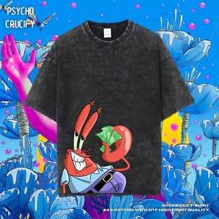 เสื้อยืด ขนาดใหญ่ พิมพ์ลาย Psycho Crucify MR Krabs | หินล้างทําความสะอาด | เสื้อเชิ้ต ลาย Spongebob Squarepants | เสื้อย