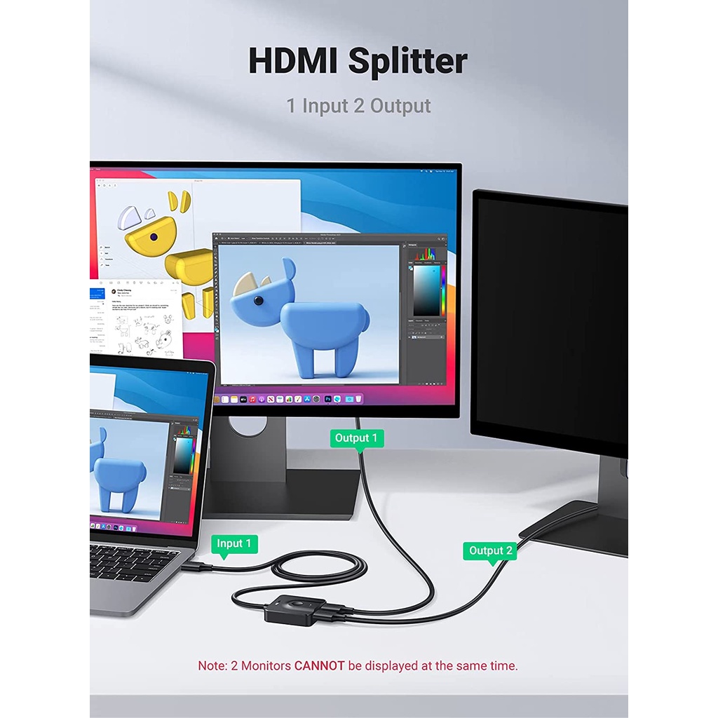 thumbnail image 2 of Ugreen 4K@60Hz HDMI Switch – Bi-Directional 2-in-1 Or 1-out-2 Splitter – Push Button, 5V, Black 2 of 4