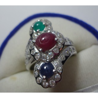 แหวนพลอยทับทิม ไพลิน เขียวโมรา แท้3กระรัตสีใสสวยล้อมเพชรสวีสตัวเรือนเงิน925เคลือ บทองคำขาวสวยงามไซย์แหวน52ปรับขนาดได้