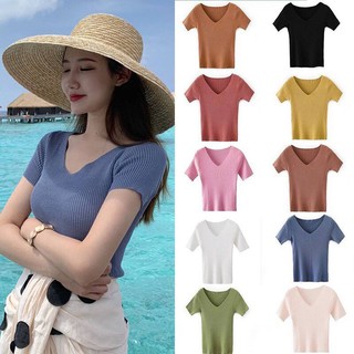 FF.shop-( มี 22 สี )V-neck เสื้อคอวี เสื้อยืดคอวีสีพื้น ผ้าไหมพรม Free Size เสื้อยืดผู้หญิง-9966