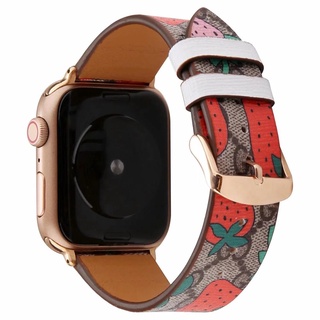 สายนาฬิกาข้อมือหนัง ผ้าแคนวาส ลายสตรอเบอร์รี่ สําหรับ Apple Watch Series 8 7 6 SE 5 4 3 2 1 iWatch 38 มม. 40 มม. 41 มม. 42 มม. 44 มม. 45 มม.