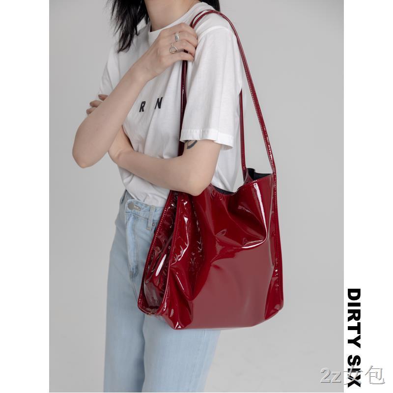 กระเป๋าสะพายข้างกระเป๋าผู้หญิง-big-red-black-white-blue-super-soft-patent-leather-double-strap-large-tote-กระเป๋า