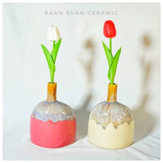 BAANSUAN CERAMIC แจกันเซรามิก ทรงขวดปากแคบเหมาะสำหรับดอกไม้ก้านยาว ใช้ตกแต่งบ้าน ขนาด 3x19x18 cm.