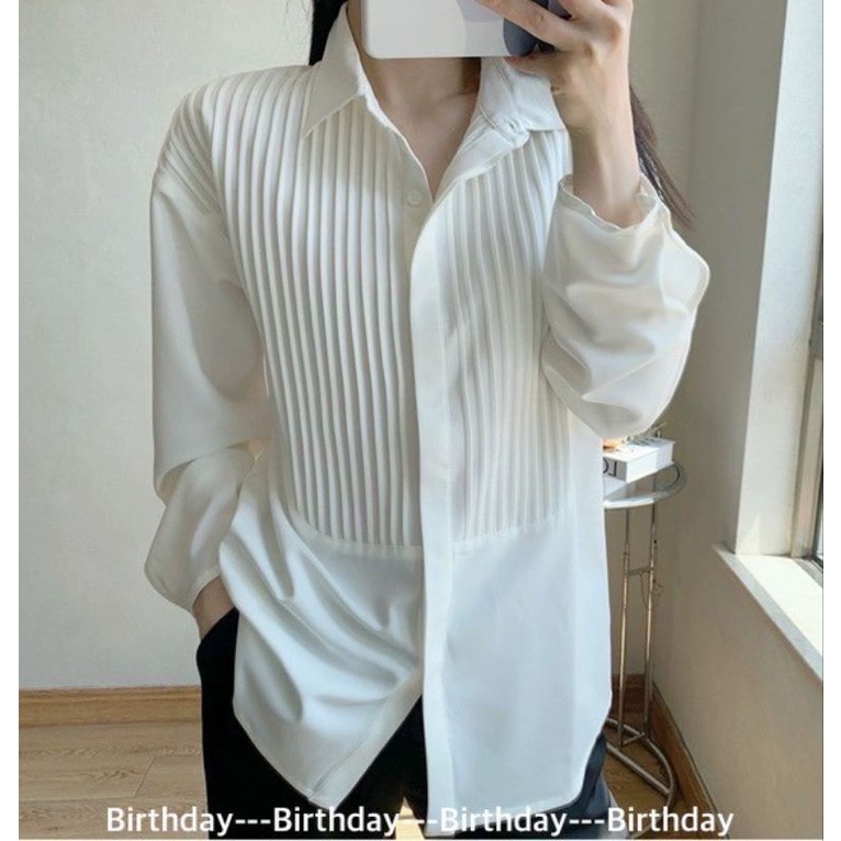 ทักก่อนสั่ง-เสื้อเชิ้ตสีขาว-แต่งจีบด้านหน้า-oversize-อก46-birthday