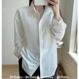 📌ทักก่อนสั่ง📌เสื้อเชิ้ตสีขาว แต่งจีบด้านหน้า oversize  อก46” Birthday