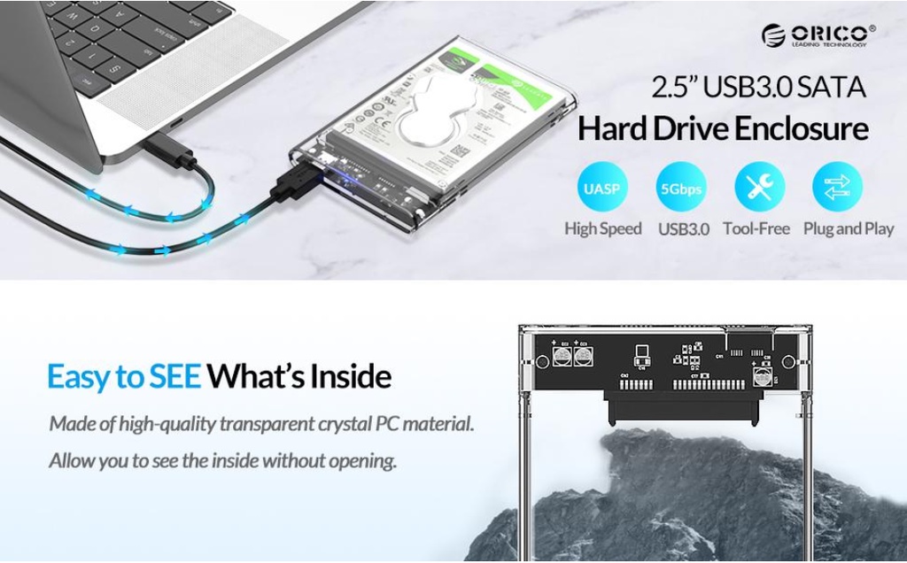 ภาพที่ให้รายละเอียดเกี่ยวกับ ORICO กล่องใส่ HDD แบบใส Harddisk SSD case 2.5 inch USB 3.0 Hard Drive Enclosure 2139U3 (ไม่รวม HDD)