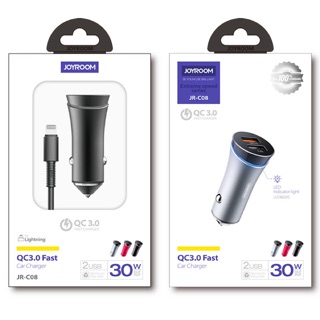 ชาร์จรถพร้อมสาย ชาร์จเร็ว QC3.0 และ 2.4A JOYROOM JR-C08 Dual USB Ports QC3.0+2.4A Fast Charge Car Charger JOYROOM JR-C08