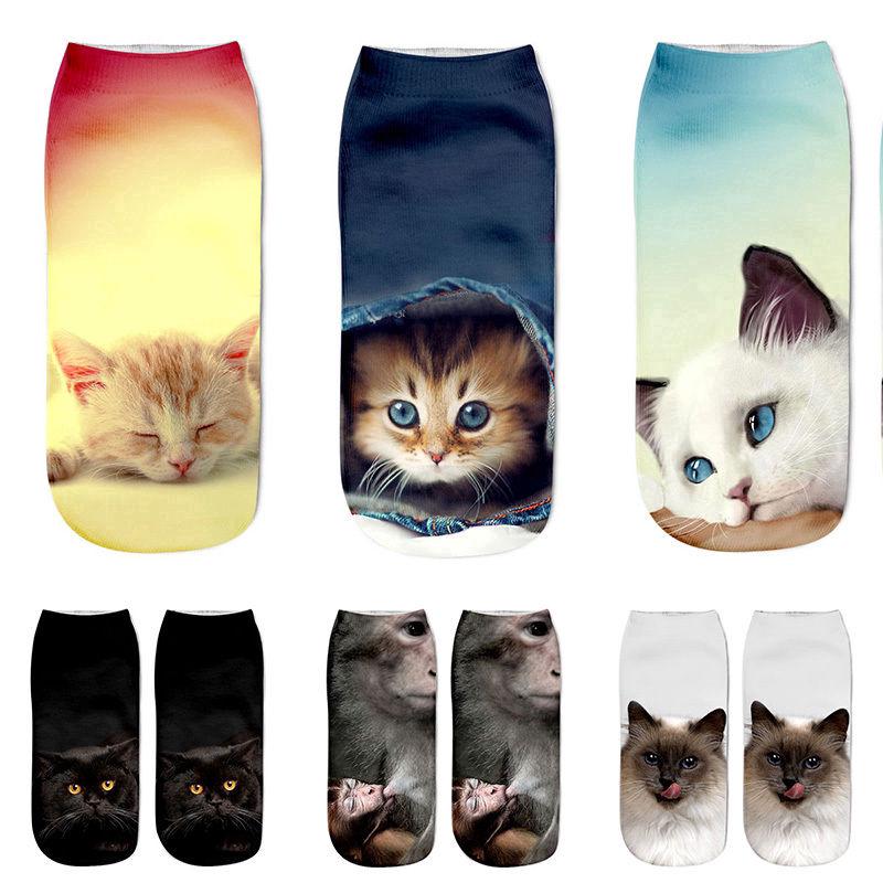 ภาพขนาดย่อของสินค้าถุงเท้าสั้นพิมพ์ลายแมว 3 D สำหรับผู้หญิง