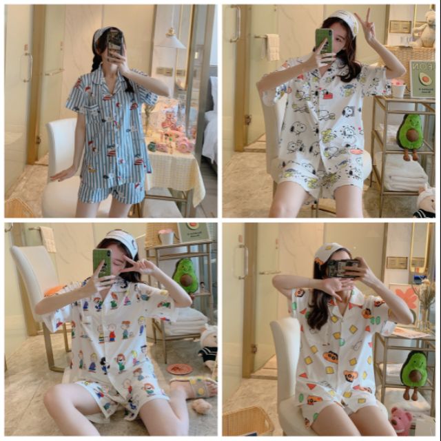 พร้อมส่ง-set-ชุดนอนคอปกแขนสั้น-ลายการ์ตูนน่ารัก-แถมผ้าปิดตา-ชุดนอนน่ารัก-ชุดนอน-snoopy-ชุดนอนเกาหลี