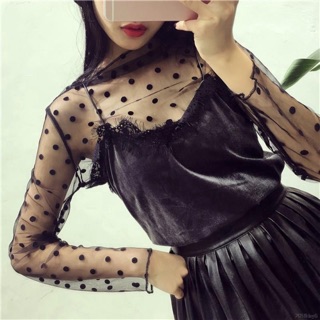 พร้อมส่ง เสื้อซีทรูปักลาย dot งานผ้าตาข่ายโพลีเอสเตอร์ นิ่ม ใส่แล้วไม่คัน