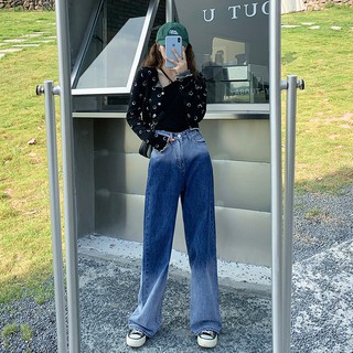 Cici(9811)กางเกงยีนส์ขายาว ทรง​กระบอก Jeans  เอวสูงสียีนส์ฟอกทูโทนไล่เฉด