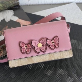 (ผ่อน0%)กระเป๋าสะพายข้าง COACH 2935 FLAP BELT BAG IN SIGNATURE CANVAS  คาดเอว คาดอก หนังสีชมพู รูปผีเสื้อ