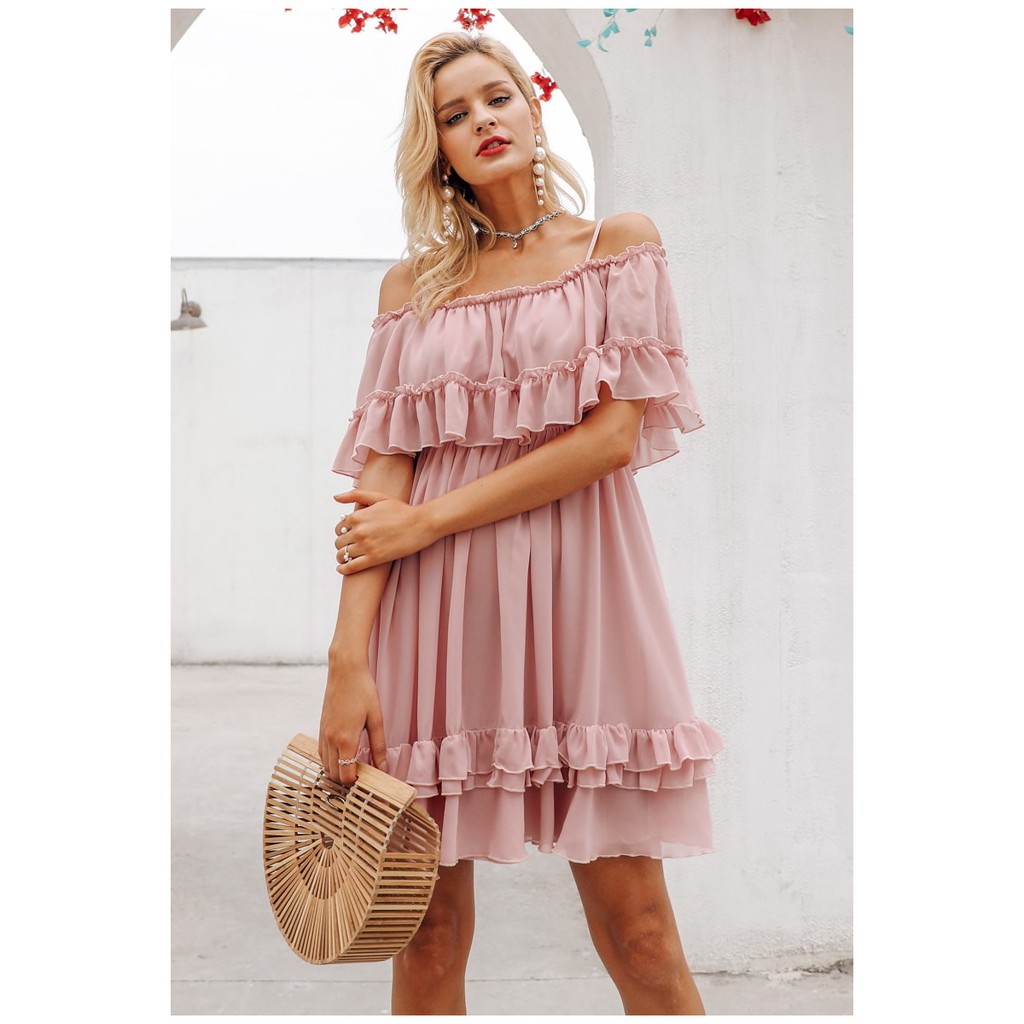 sale-พร้อมส่ง-simplee-pink-elegant-ruffle-strap-shoulder-off-chiffon-dress