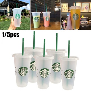 Starbucks แก้วน้ําพลาสติกใส พร้อมฝาปิด และหลอด สีเขียว ราคาส่ง 1 5 ชิ้น