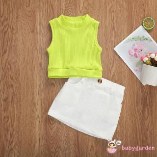 ღ♛ღBaby Girls Outfit Set Solid Color Round Neck Sleeveless Green T-Shirt+White Package Hip Skirt