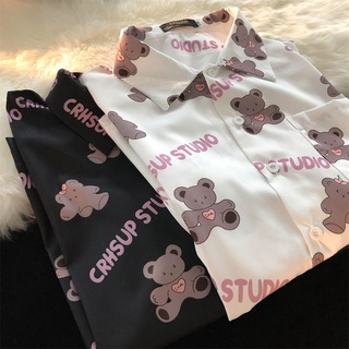 Full print bear summer 2022 new short-sleeved shirt Boys and girls oversize loose drape trendy short-sleeved shirt tops