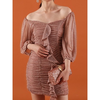 TANSSHOP   Rose gold minidress ชุดเดรสสั้น สีชมพูโรสโกลด์ เนื้อผ้ามีกริตเตอร์เล็กๆ ขับผิวสวย 9006